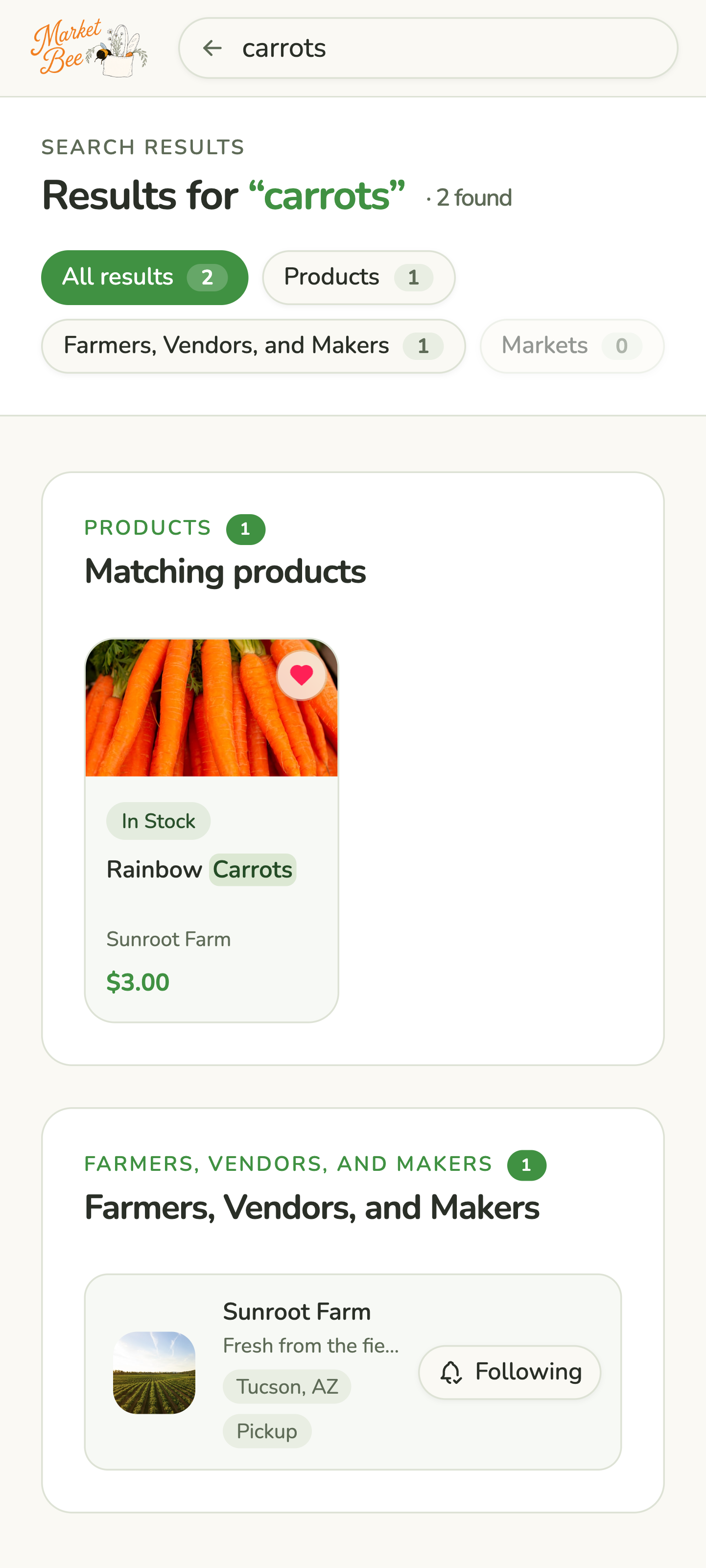Searching for local products on Market Bee